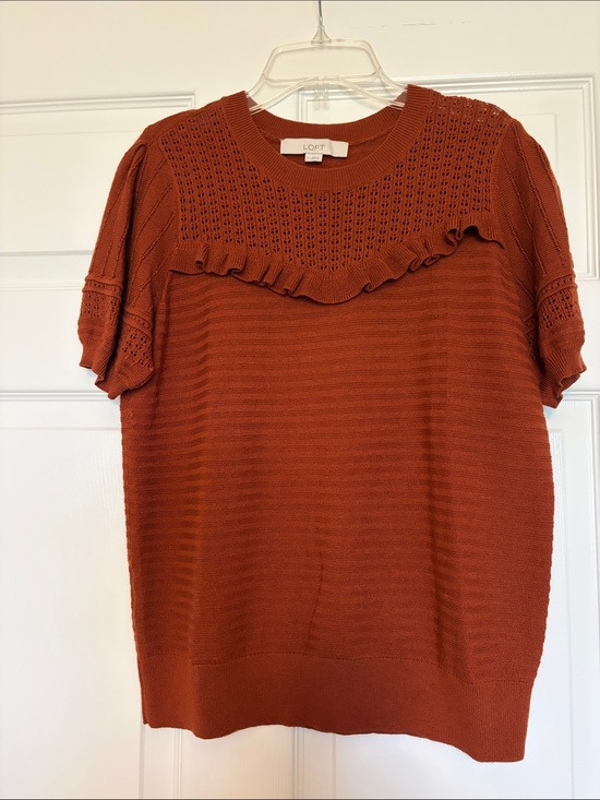 LOFT Tops - LOFT Rust Eyelet Yoke Ruffle Knit Top